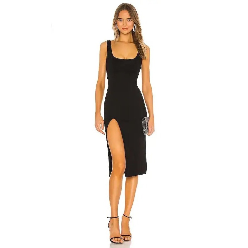 NBD Thom Midi Dress with Slit Black Scoop Neck XS NEW